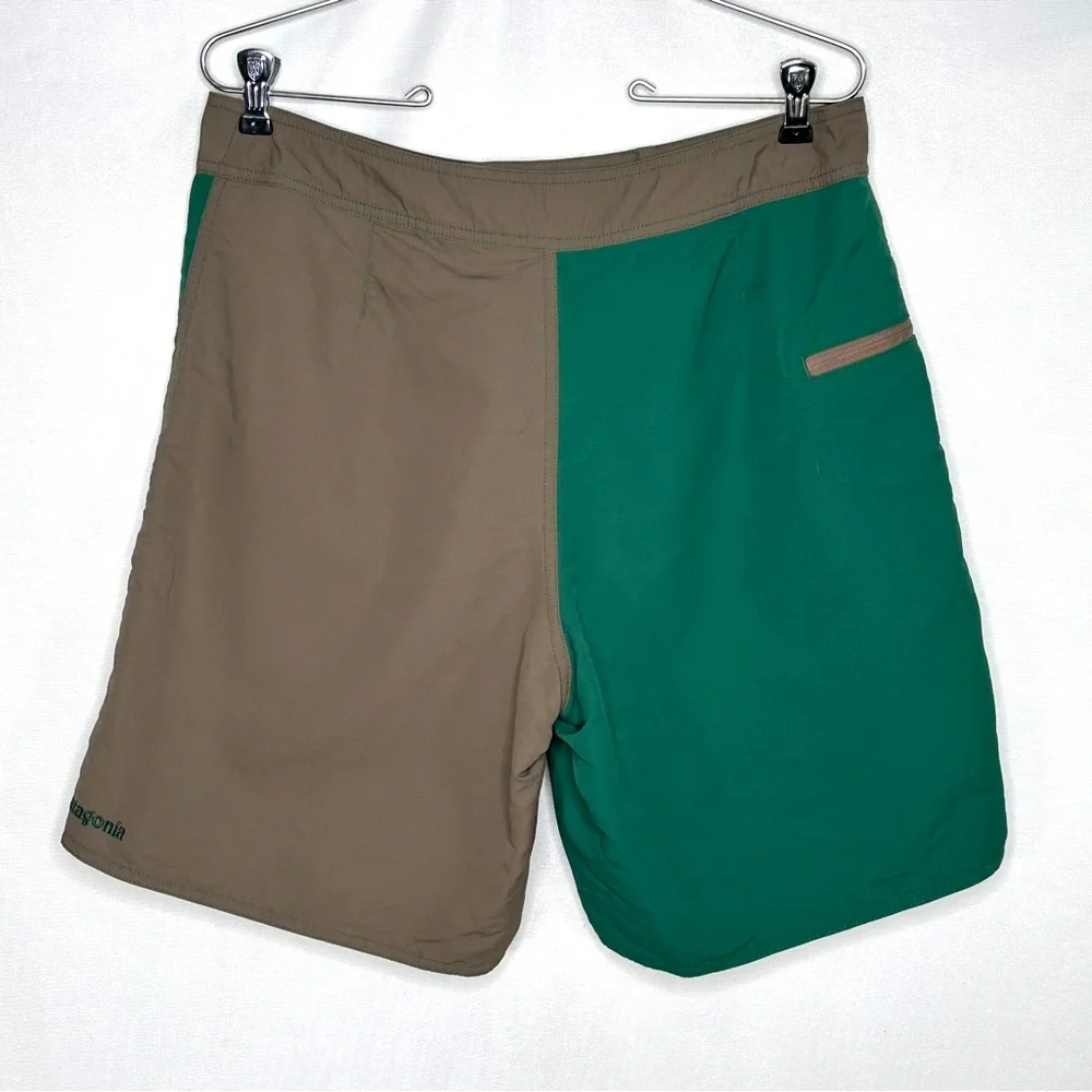 Patagonia Colorblock Green Brown Board Shorts Nylon Lace Side Zip Pocket Sz 32‎